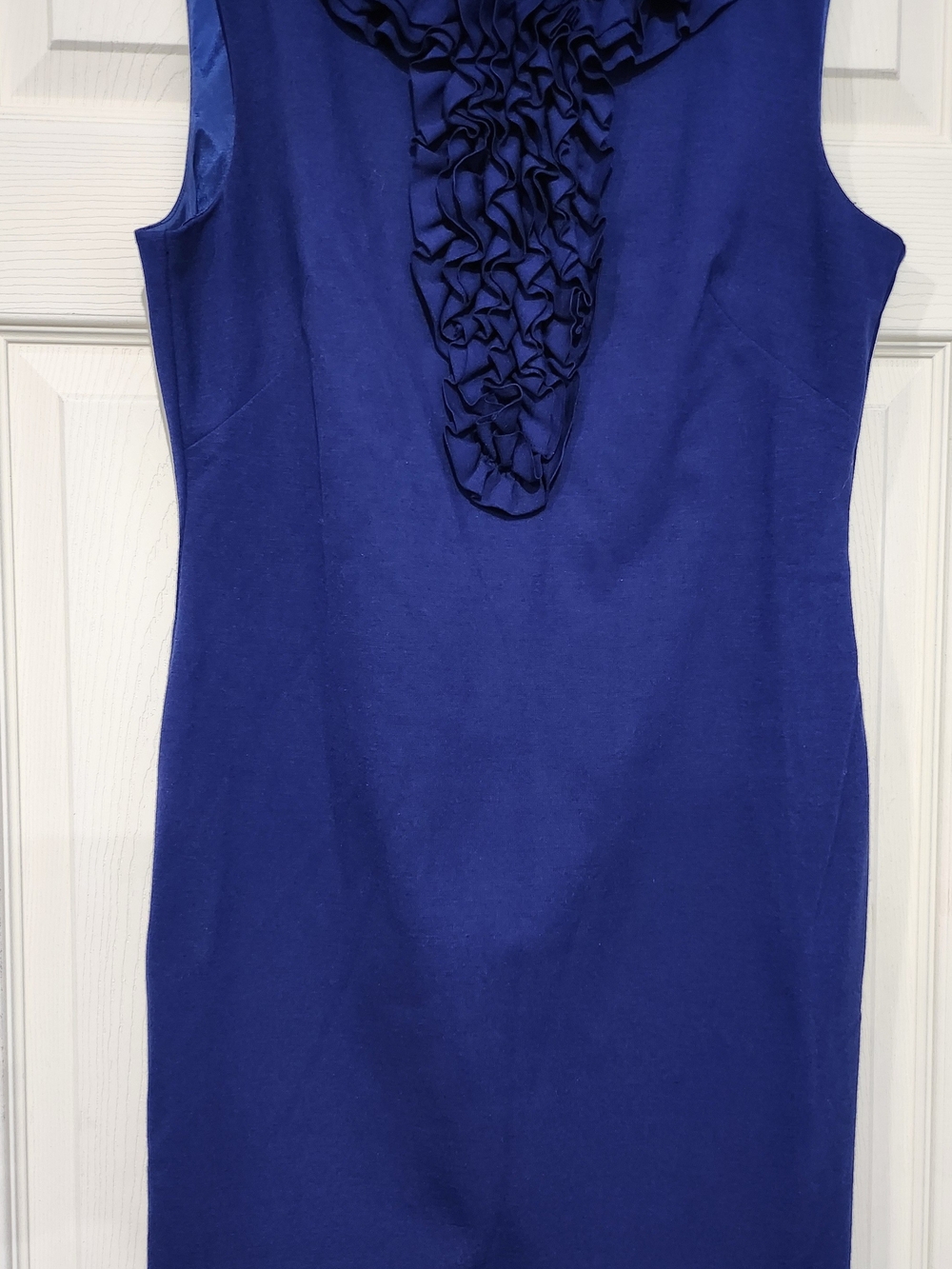 1016. Trina Turk Sleeveless Ruffle-Front Sheath Dress - Blue